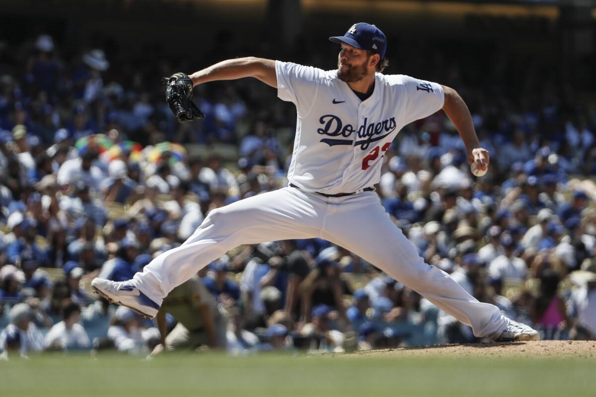 Clayton Kershaw pitches at Dodger Stadium.