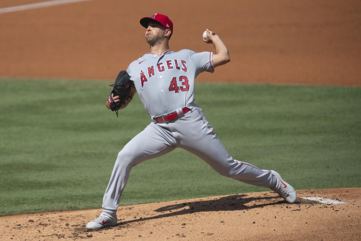 Angels starting pitcher Patrick Sandoval delivers during the first inning.