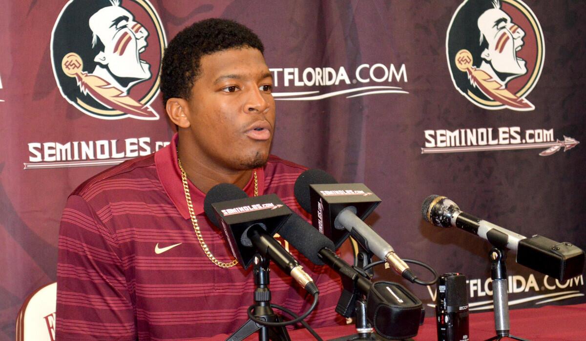 Florida State quarterback Jameis Winston discusses his suspension for the first half of the Seminoles' game on Saturday against Clemson with reporters during a news conference Wednesday.