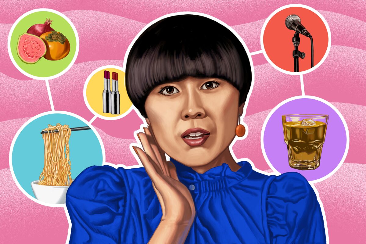 Illustration of Atsuko Okatsuka with fruit, noodles, lipstick, a microphone, and a glass of mezcal around her.
