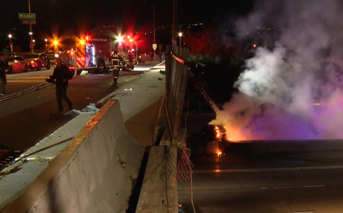 Two men were injured Sunday evening after their Tesla drove off a freeway overpass in Los Feliz.
