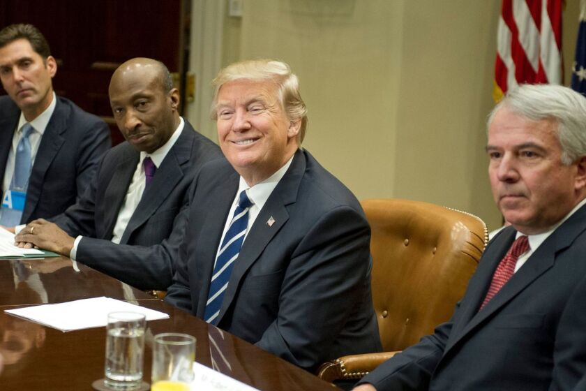 President Trump meets with drug industry bosses Tuesday: (from left) Stephen Ubl, president and CEO, PhARMA; Kenneth C. Frazier, chairman and CEO of Merck & Co; Trump; Robert J. Hugin, executive chairman, Celgene Corp.