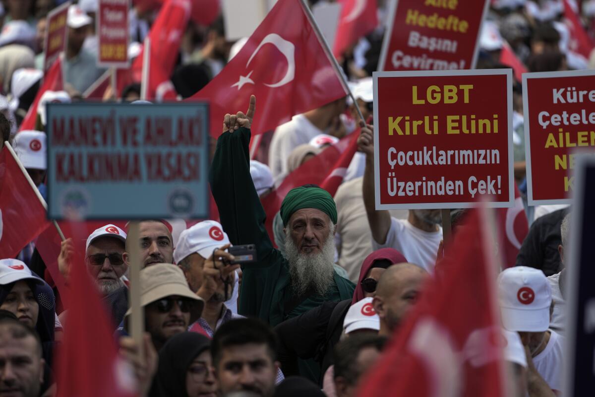 Turkish demonstrators holding anti-gay banners
