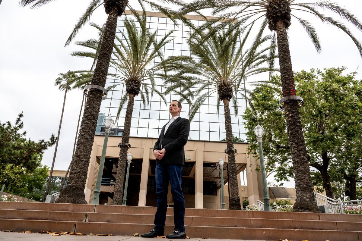 ANHEIM, CA - JUNE 12, 2023: Ex-city councilman Jordan Brandman is providing inside information on how a self-described "cabal" of lobbyists and consultants pulled the strings in Anaheim on June 12, 2023 in Anaheim, California. He was once under the sway of the council faction and has since turned on the group, who are now the subject of an FBI investigation. (Gina Ferazzi / Los Angeles Times)