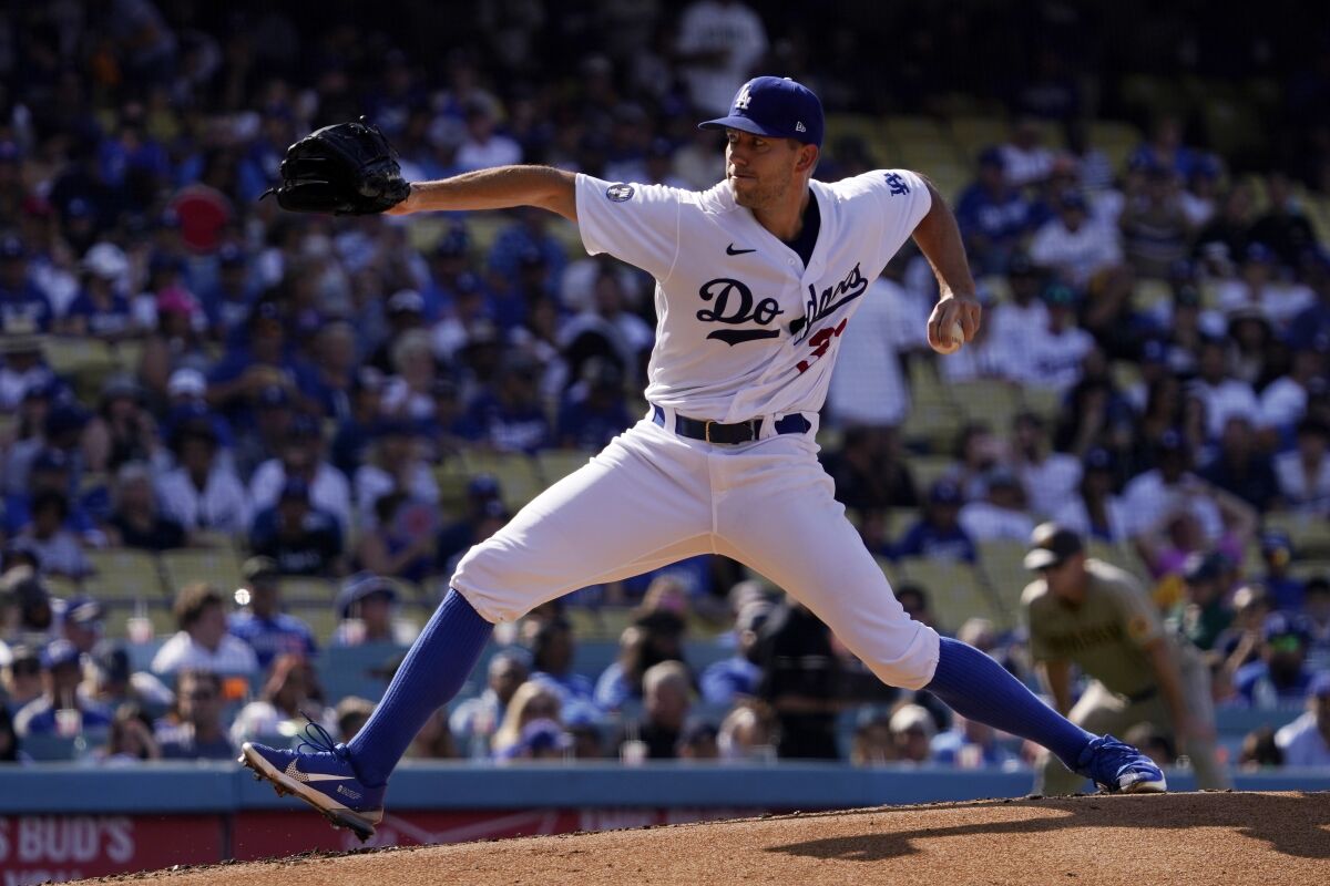 Los Angeles Dodgers starting pitcher Tyler Anderson throws to the plate during the second inning.