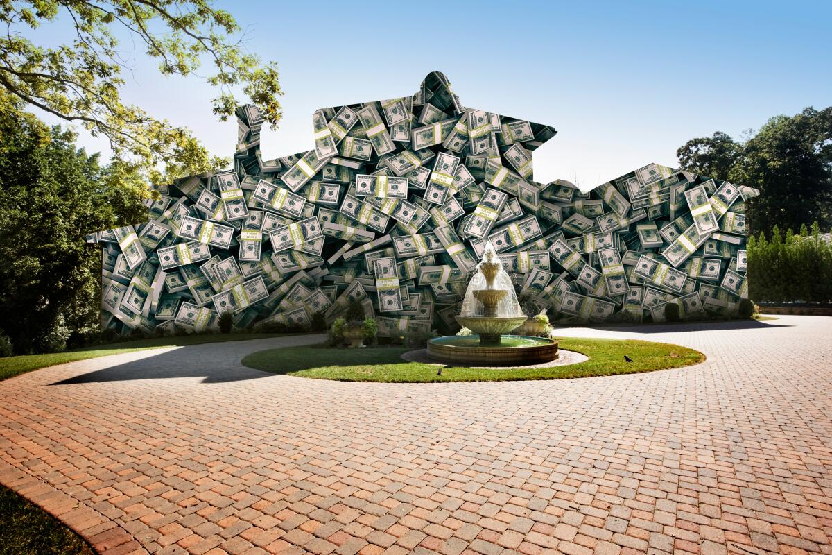 Photo illustration of a mansion formed by many bundles of $100 bills