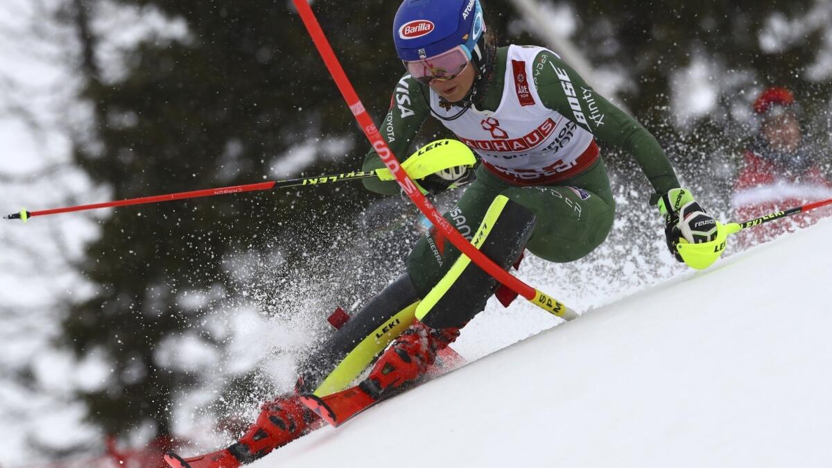 American skier Mikaela Shiffrin competes during the slalom race at the world championships on Feb. 16, 2019, in Are, Sweden.