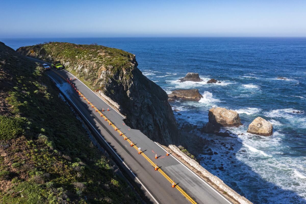 A break in the southbound lane of Highway 1 at Rocky Creek Bridge in Big Sur.