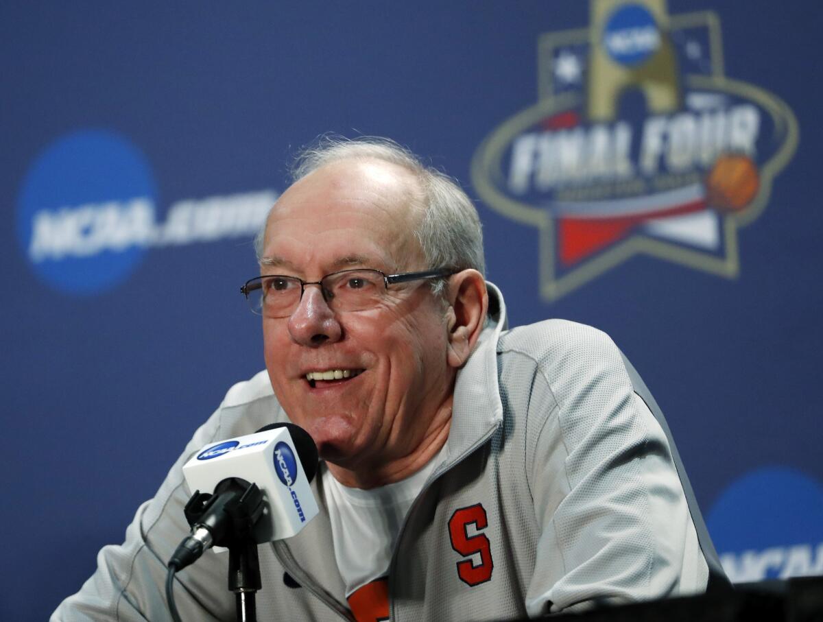 Syracuse Coach Jim Boeheim answers questions at a news conference for the NCAA Final Four college basketball tournament on Thursday, March 31, 2016, in Houston.
