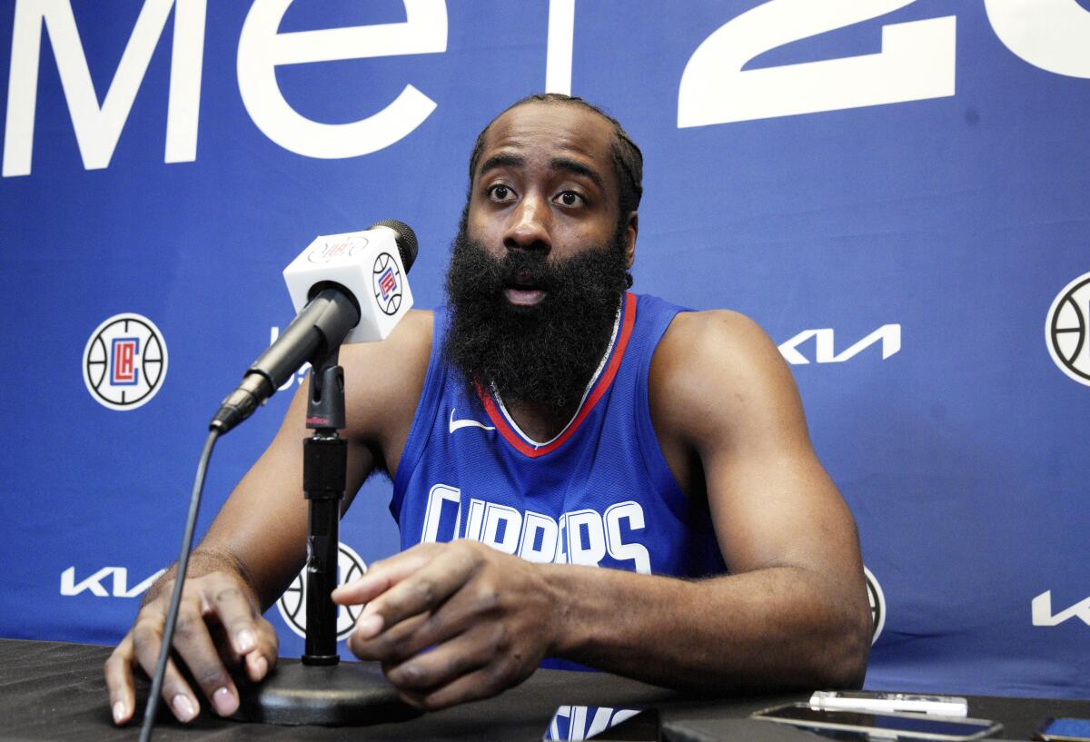 Newly acquired Clippers guard James Harden speaks during his introductory news conference on Thursday. 