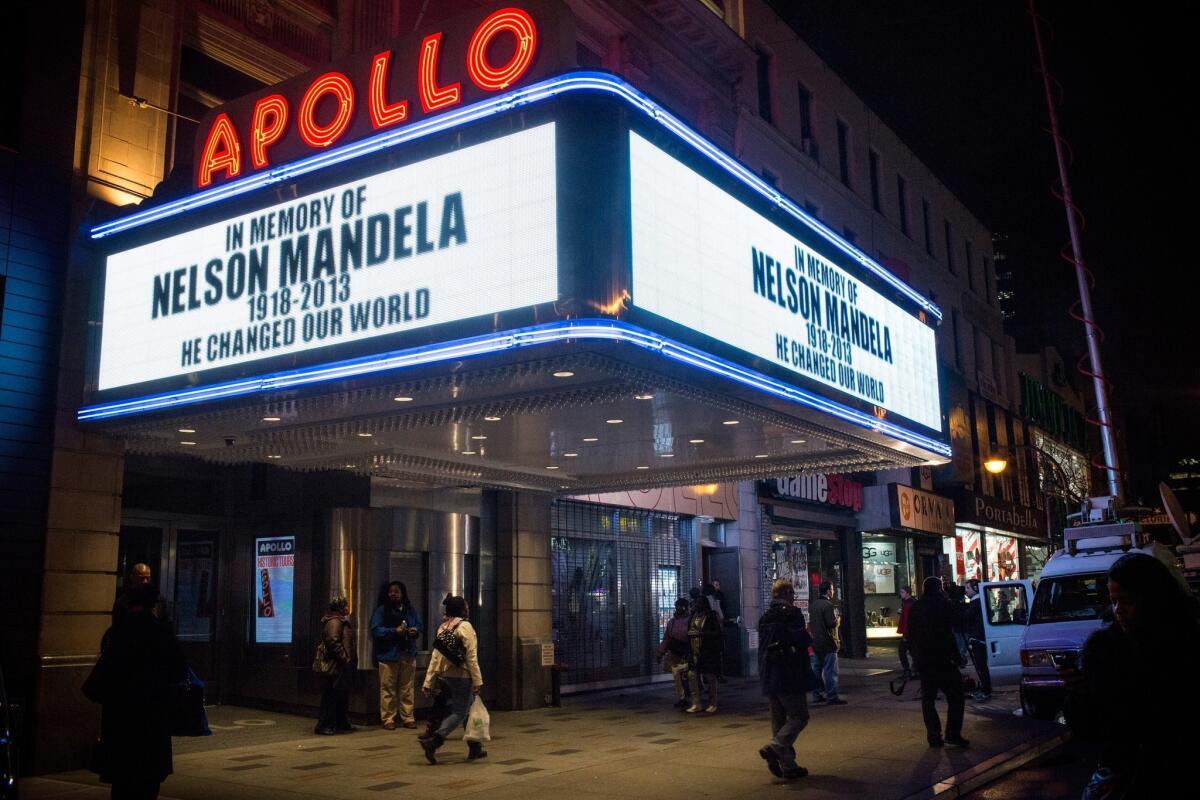 South African former president and civil rights champion Nelson Mandela is remembered at New York's Apollo Theater, a landmark of the U.S. civil rights movement. Mandela's leadership of South Africa coincided with, and in some places inspired human rights advances around the world.
