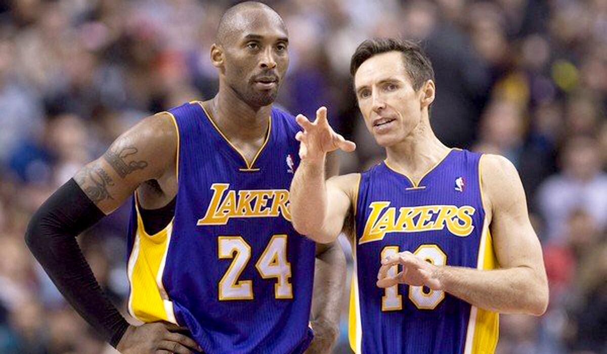 Kobe Bryant (24) and Steve Nash spent most of the last two NBA seasons in street clothes, and rarely on the court together, because of injuries.