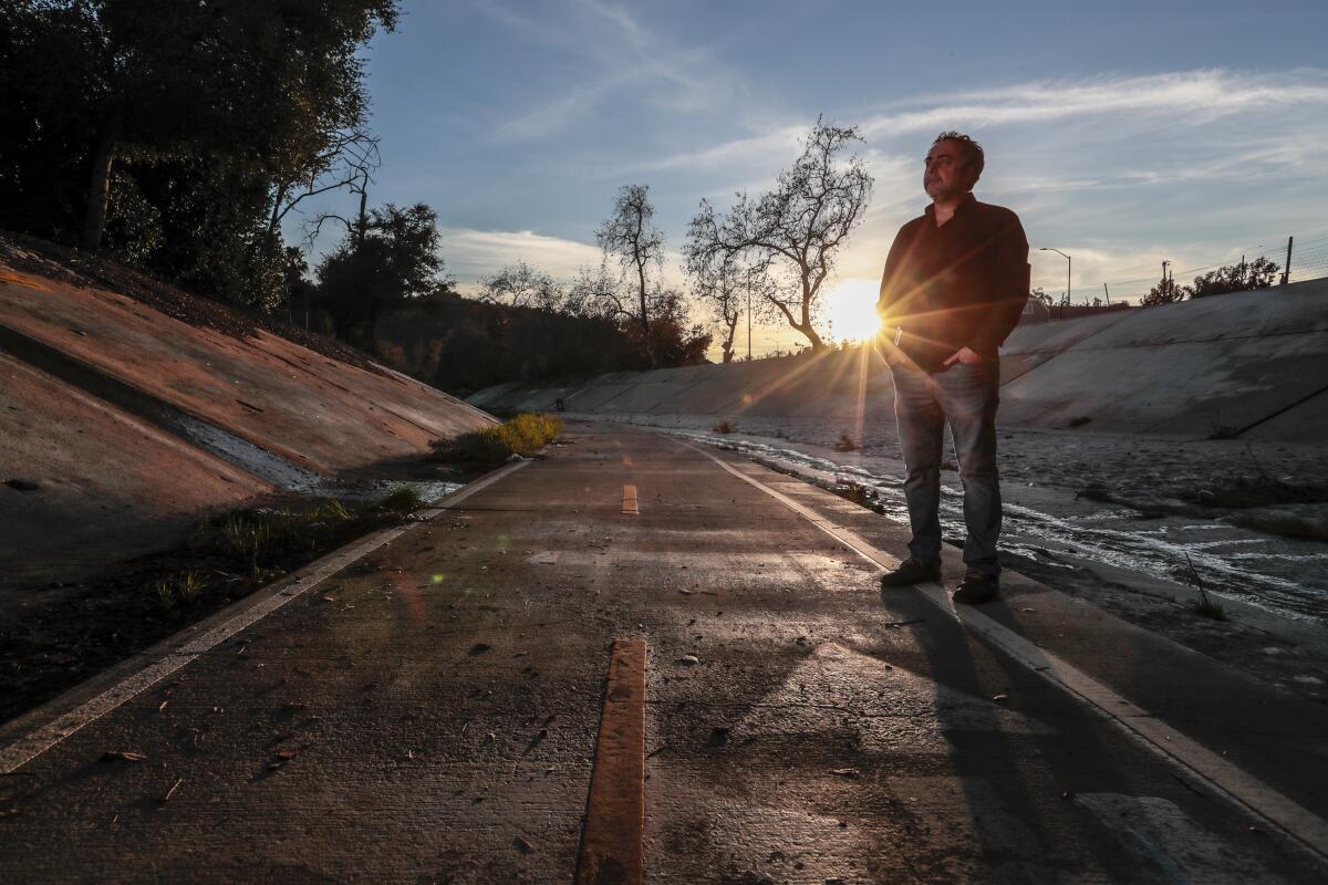 Rodney Ascher stands next to a road and trees while the sun shines between trees behind him.
