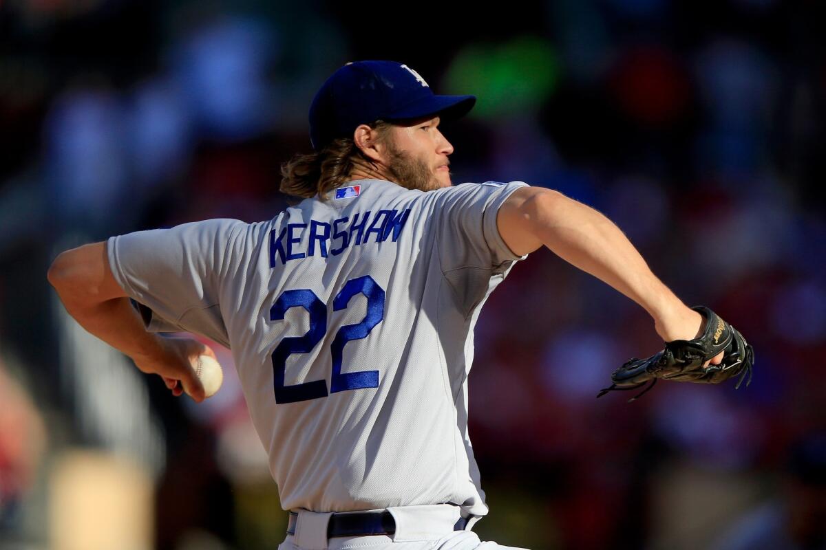 Clayton Kershaw pitches in the first inning of Game 4 of the National League Division Series between the Dodgers and Cardinals.