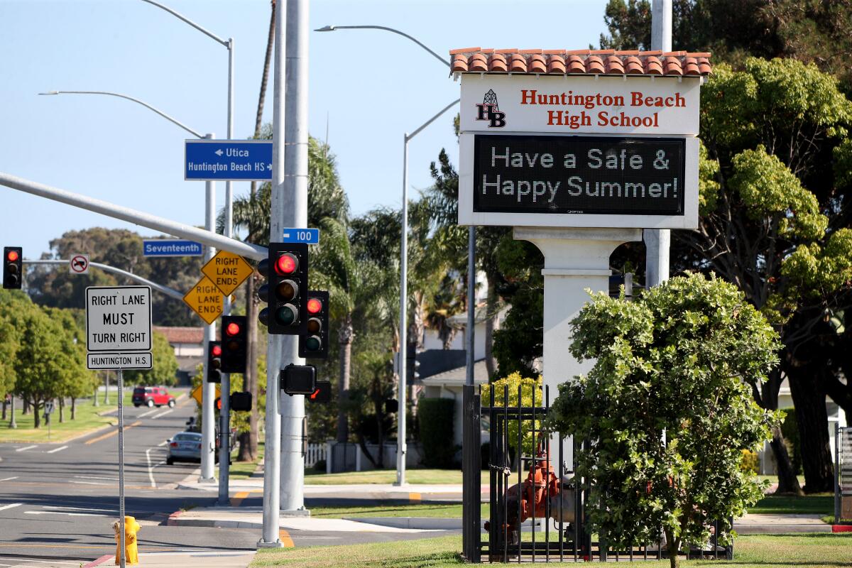The marquee at Huntington Beach High School on Friday, July 17, 2020.