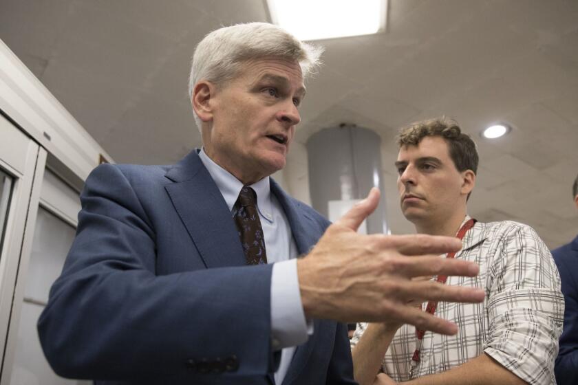Mandatory Credit: Photo by MICHAEL REYNOLDS/EPA-EFE/REX/Shutterstock (9068472g) Bill Cassidy and Mitch McConnell Senate Republicans after meeting with Republican Senate Majority Leader Mitch McConnell, Washington, USA - 20 Sep 2017 Republican Senator from Louisiana Bill Cassidy (L) speaks with members of the news media at the Senate subway following a meeting with Senate Majority Leader Mitch McConnell, on Capitol Hill in Washington, DC, USA, 20 September 2017. Republican Senators Graham and Cassidy have released a bill which is Republicans' latest attempt to repeal and replace the Affordable Care Act, also known as 'Obamacare'. ** Usable by LA, CT and MoD ONLY **