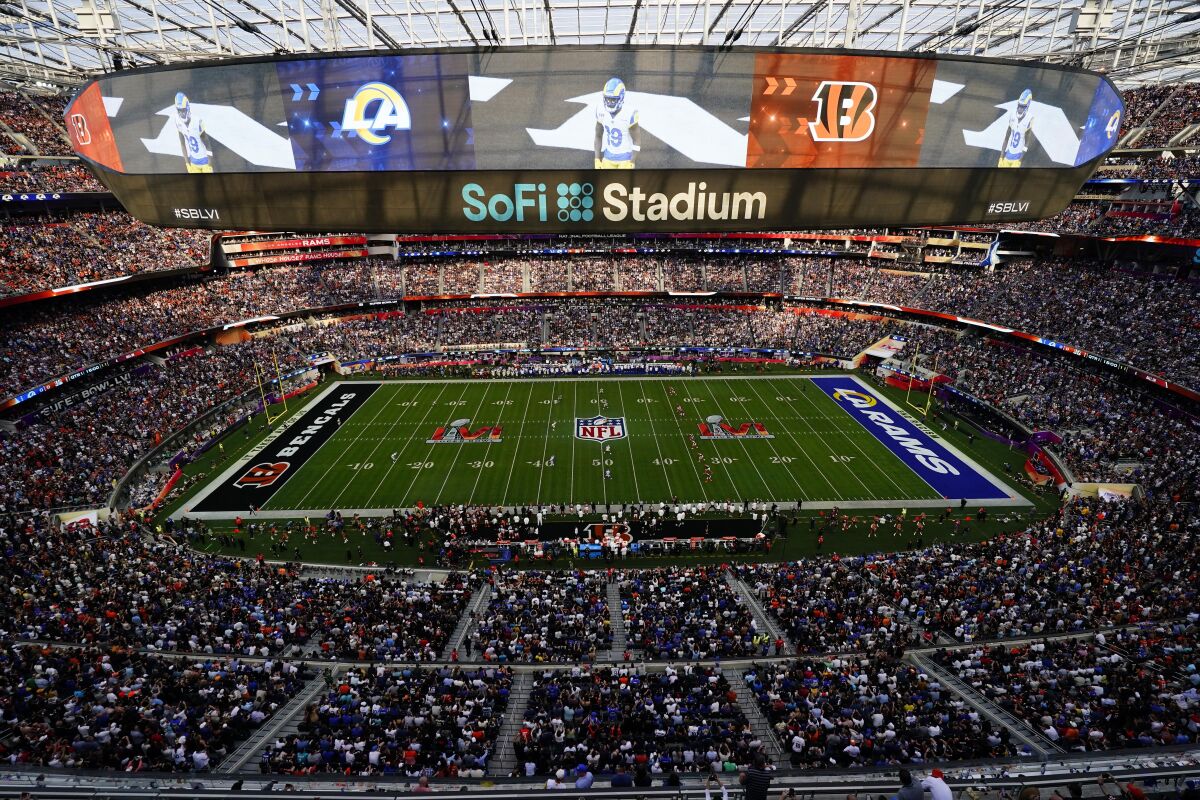 SoFi Stadium during the first half of the NFL Super Bowl 56 football game between the Los Angeles Rams and the Cincinnati Bengals, Sunday, Feb. 13, 2022, in Inglewood, Calif. (AP Photo/Matt Rourke)