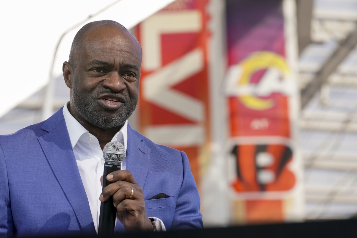 DeMaurice Smith, executive director of the NFL Players Association, speaks at a Super Bowl LVI news conference.