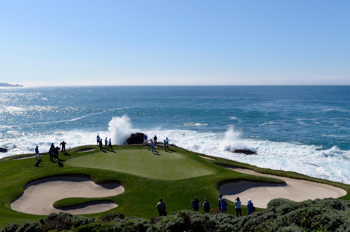 Waves crash near the seventh green during a recent tournament at Pebble Beach. Access is mostly limited to overnight guests, which boosts the price of the course.