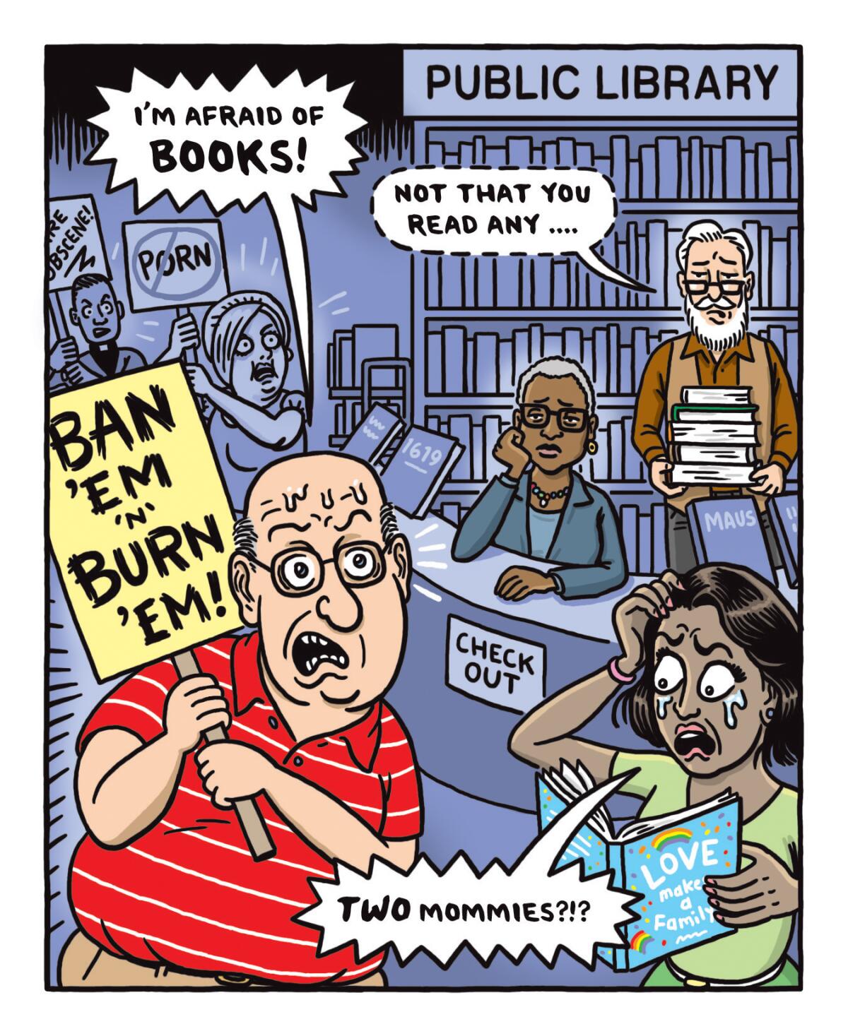 Illustration of people freaking out in a library, advocating banning books, while librarians calmly look on