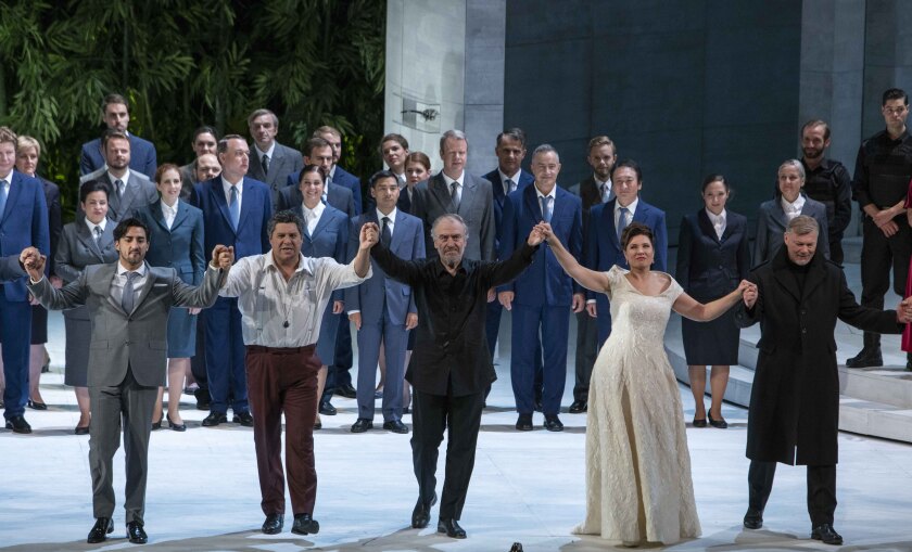 Valery Gergiev, center, accepts the bravos at curtain call for “Simon Boccanegra” at the Salzburg Festival.