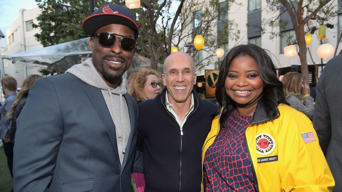 Sterling K. Brown, left, Jeffrey Katzenberg and Octavia Spencer at City Year Los Angeles Spring Break event in Culver City on Saturday.