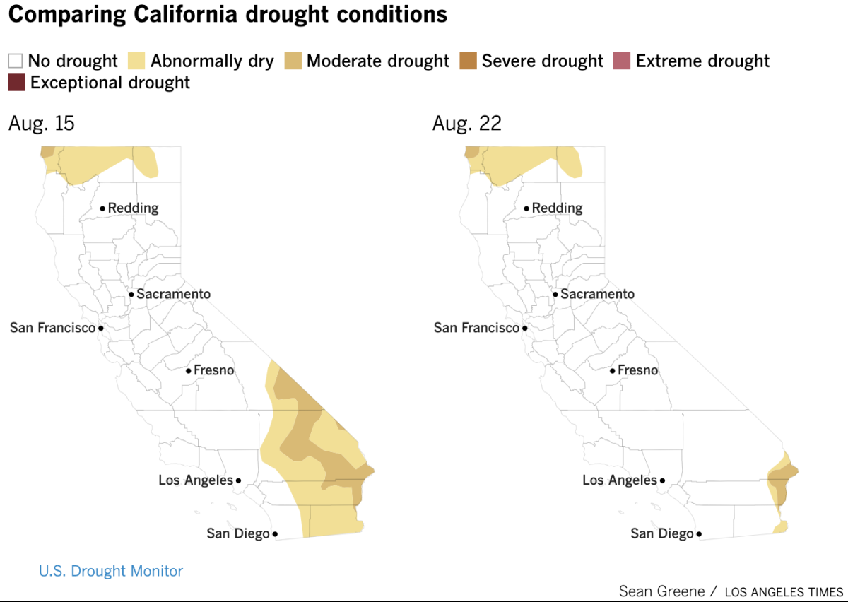 California drought maps show a drop in regions under drought conditions from Aug. 15 and Aug. 22, 2023.