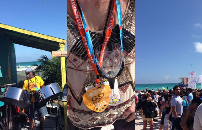 Scenes from the South Beach Food and Wine Festival. From left, a music performer at the festival, Jenn Harris wearing one of the festival wine lanyards, and a group of festival goers on the beach.