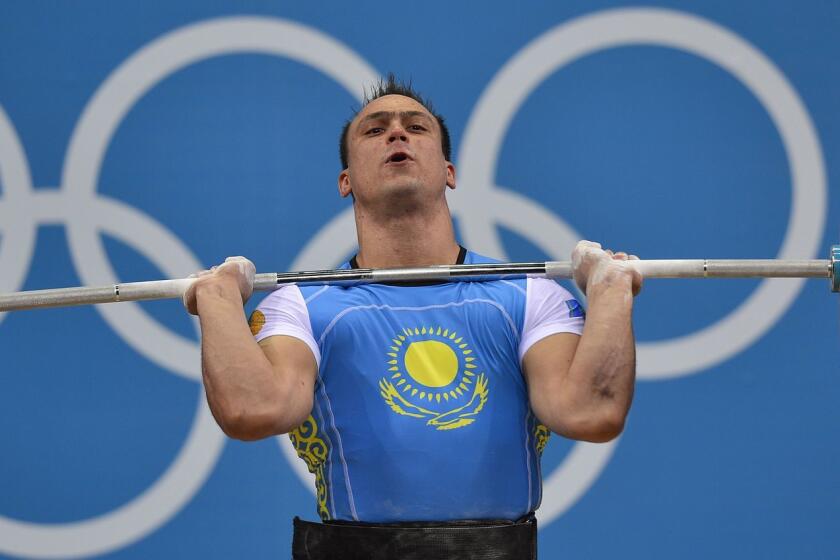Kazakhstan's Ilya Ilyin competes during the London 2012 Olympic Games.
