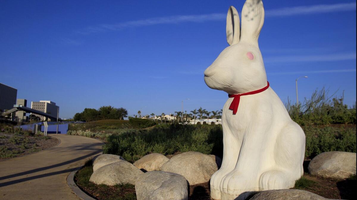 A rabbit statue at Newport Beach Civic Center and Park. Opponents of the Civic Center project have made the bunny play areas a symbol of their opposition.
