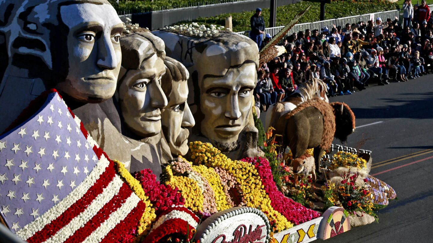 South Dakota Department of Tourism's float, "The Great Faces and Great Places of South Dakota," during the 2016 Rose Parade.