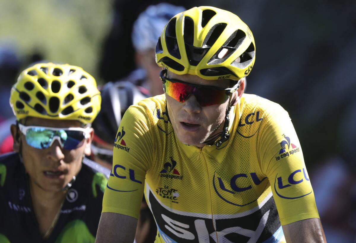 Chris Froome leads Nairo Quintana during Stage 17 climb of the Tour de France.