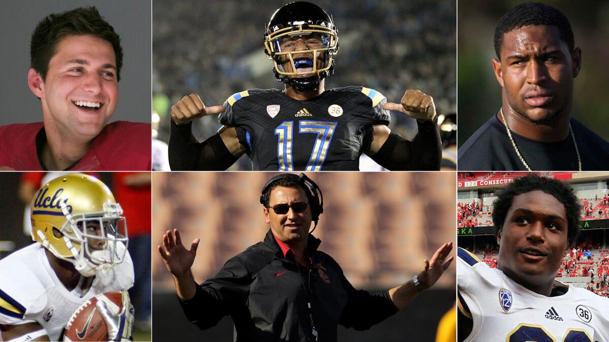 Will USC's Cody Kessler, top left, Coach Steve Sarkisian, bottom center, and Hayes Pullard, top right, play spoiler to the Bruins' Pac-12 aspirations? UCLA's Jordon James, bottom left, Brett Hundley, top center, and Myles Jack won't make it easy.