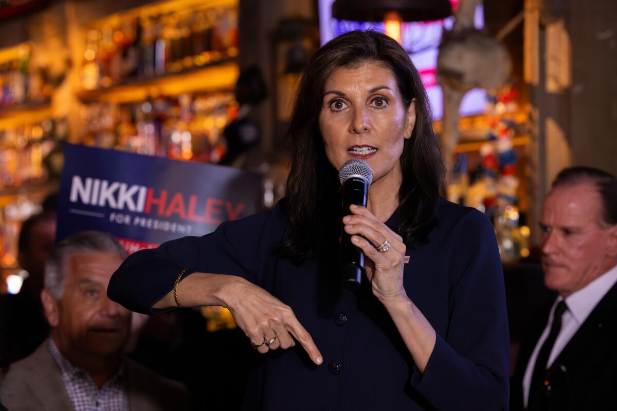 Nikki Haley speaks to supporters at the Wild Goose Tavern in Costa Mesa.