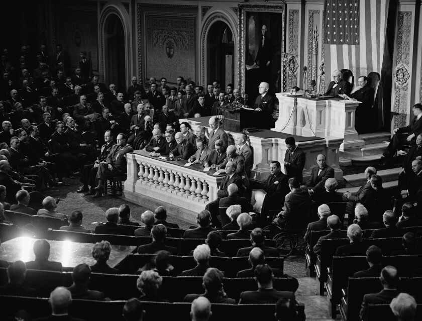 President Truman delivers his State of the Union address before a joint session of Congress in January 1947. It was the first such address to be televised.