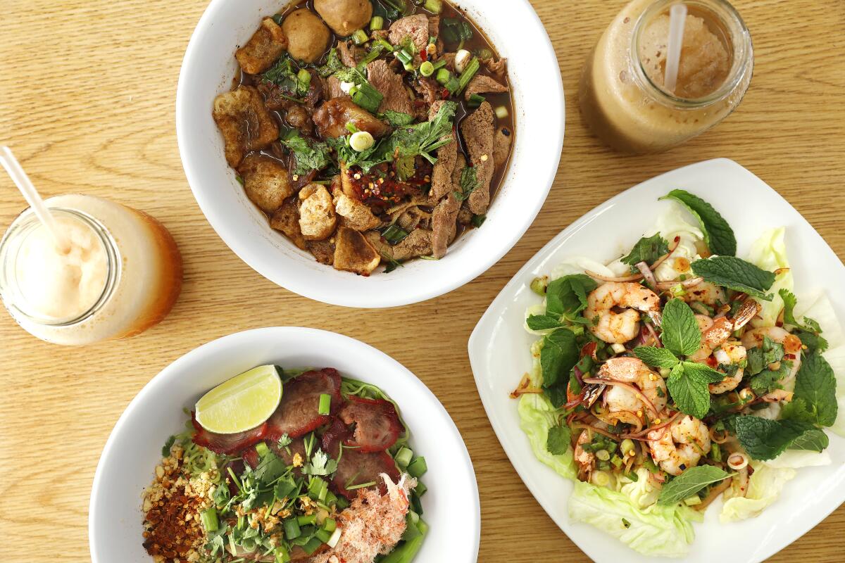 Some of the specialties of the house: Sapp Coffee Shop's famous boat noodle soup with beef, Thai iced coffee, a grilled shrimp salad with chili paste and lemongrass, and jade noodles with barbecue pork, roast duck and crab meat.