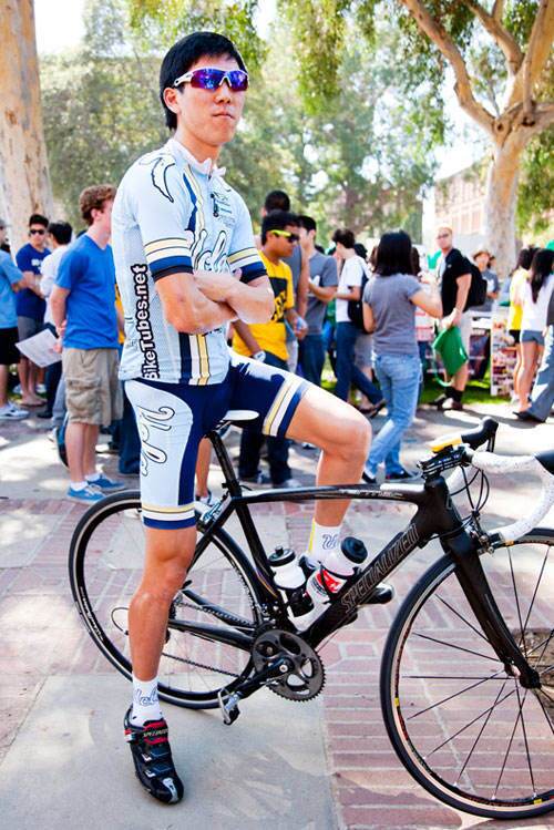Kwan Luu, 22, in a UCLA cycling jersey and shorts. He says "tight is good."