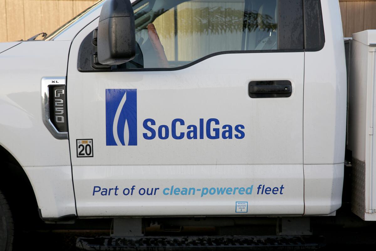 Close-up of a truck with a logo for SoCalGas on the driver's side door.
