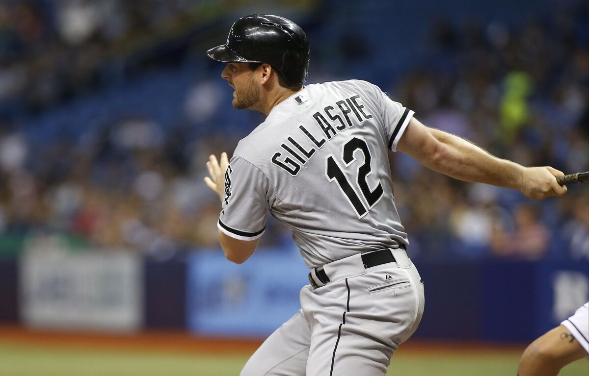 Chicago White Sox's Conor Gillaspie singles against Tampa Bay on June 12.