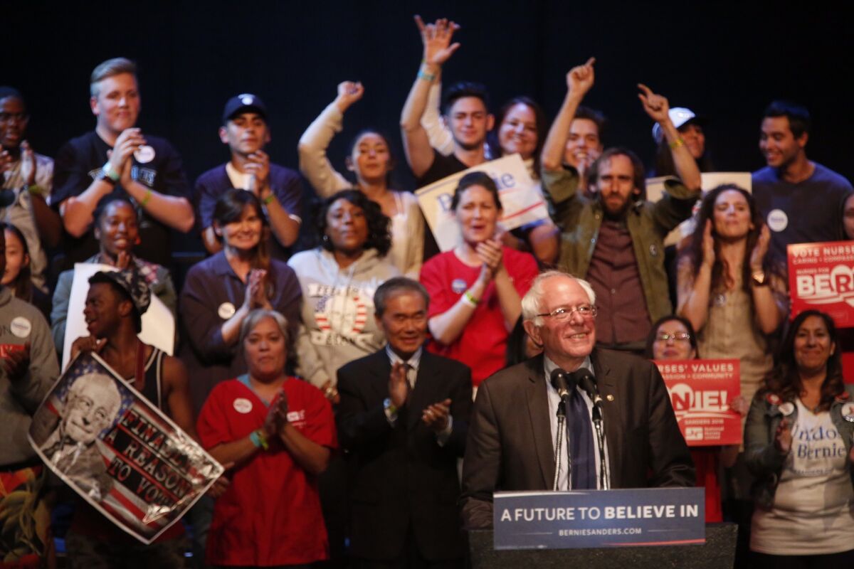Applause for Bernie Sanders at the Wiltern Theatre on March 23.