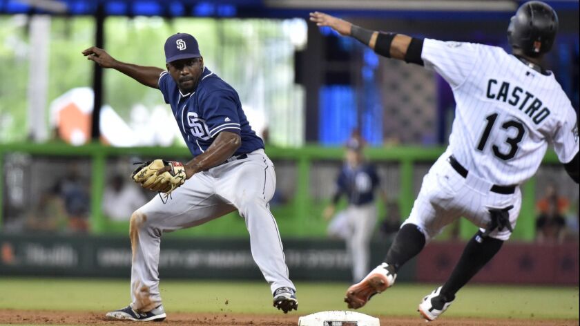 Jose Pirela completes a fielder's choice against the Miami Marlins on June 10.