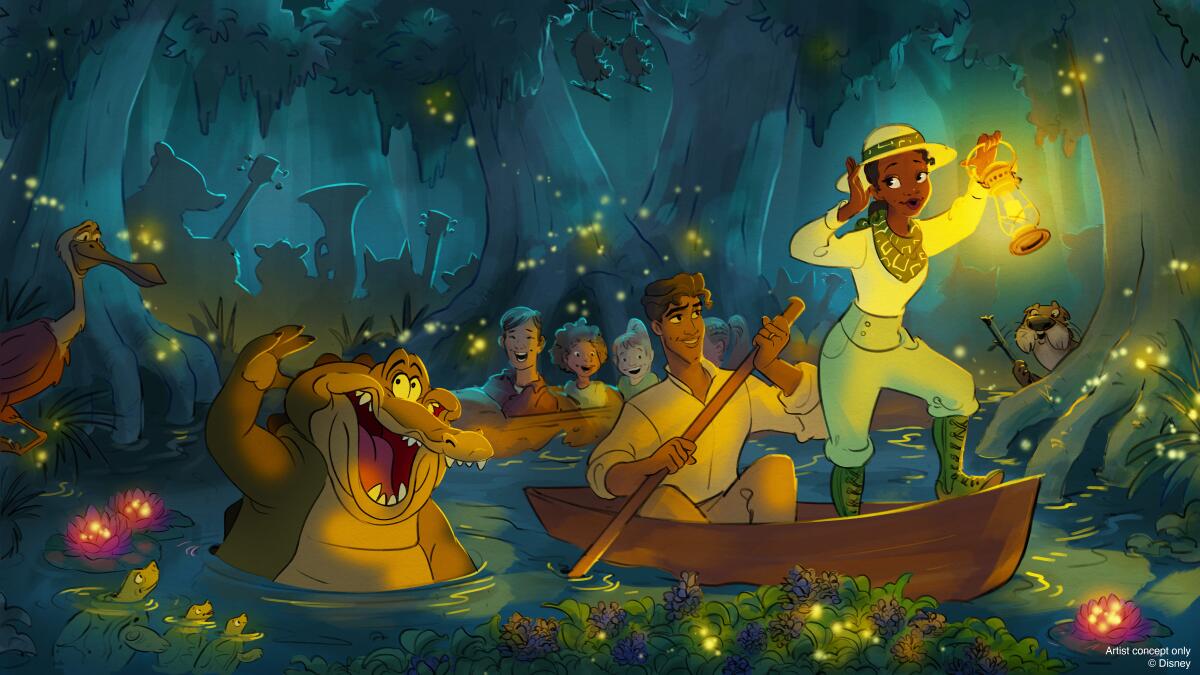An alligator cavorts in a stream as Naveen and Tiana ride past in a canoe.