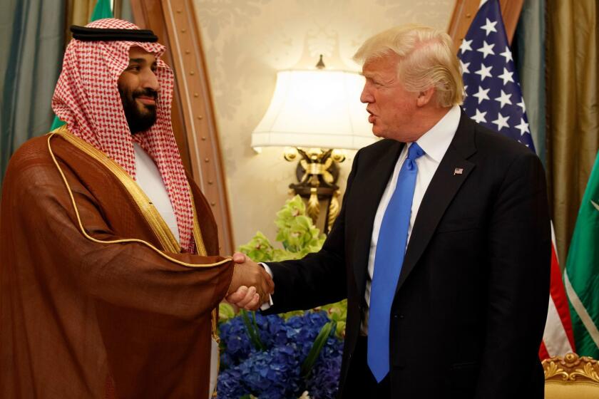 President Donald Trump shakes hands with Saudi Deputy Crown Prince and Defense Minister Mohammed bin Salman during a bilateral meeting, Saturday, May 20, 2017, in Riyadh. (AP Photo/Evan Vucci)