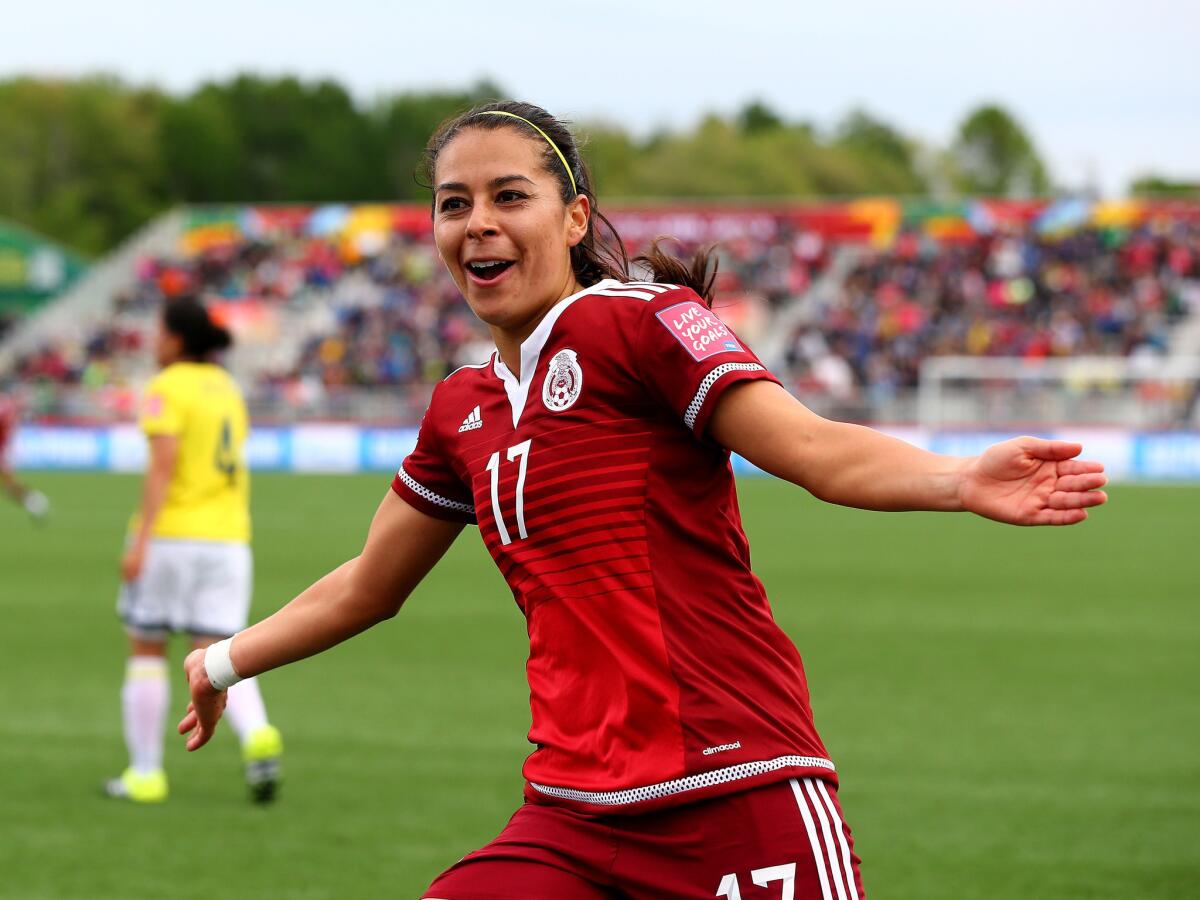 Veronica Perez of Mexico celebrates her goal against Colombia during the first half of a Women's World Cup match on Tuesday in Moncton, Canada.