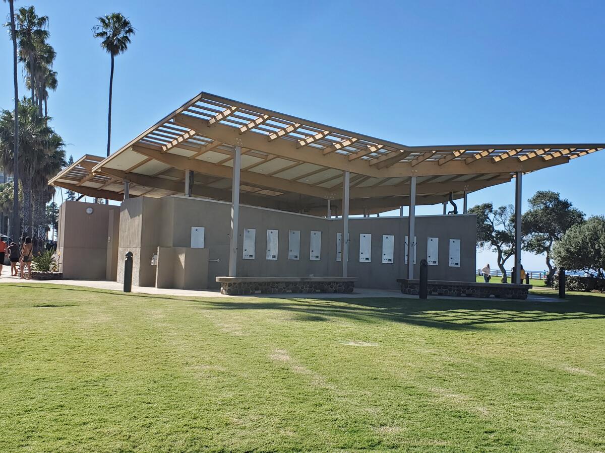 The new Scripps Park Pavilion is in the park area overlooking La Jolla Cove.
