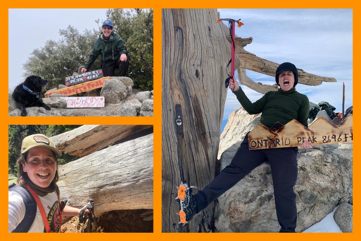 Three photos of a person hiking on a mountain and posing with signs
