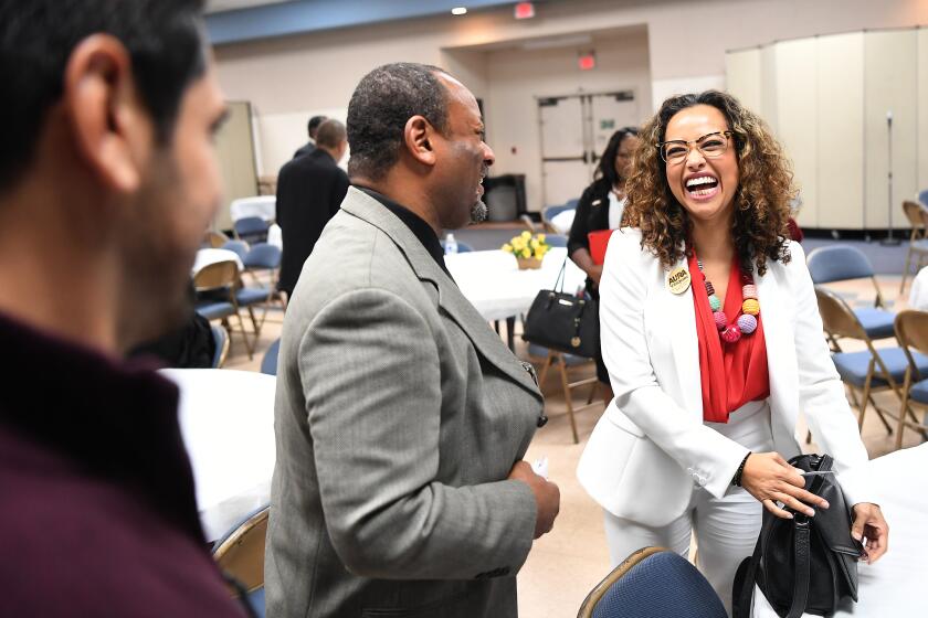 LAS VEGAS, CALIFORNIA JANUARY 12, 2020-L.A. City Council candidtae Aura Vasquez laughs after a candidate forum in Los Angeles. (Wally Skalij/Los Angeles Times)