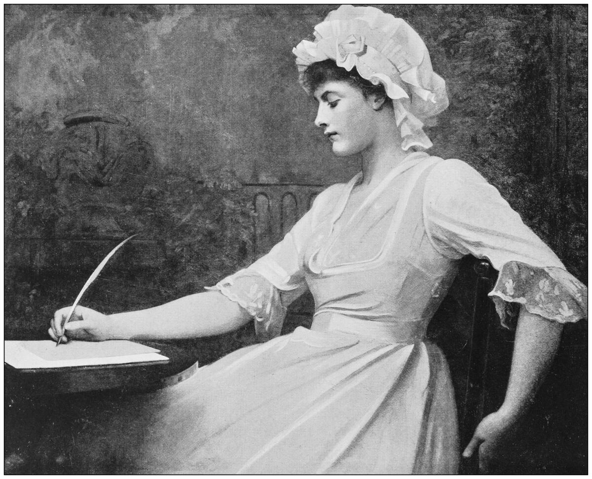 Antique dotprinted photo of painting of a woman writing.