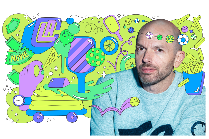 Photo of actor Paul Scheer, with illustrated elements surrounding him like french fries, a pickle ball, and movie tickets