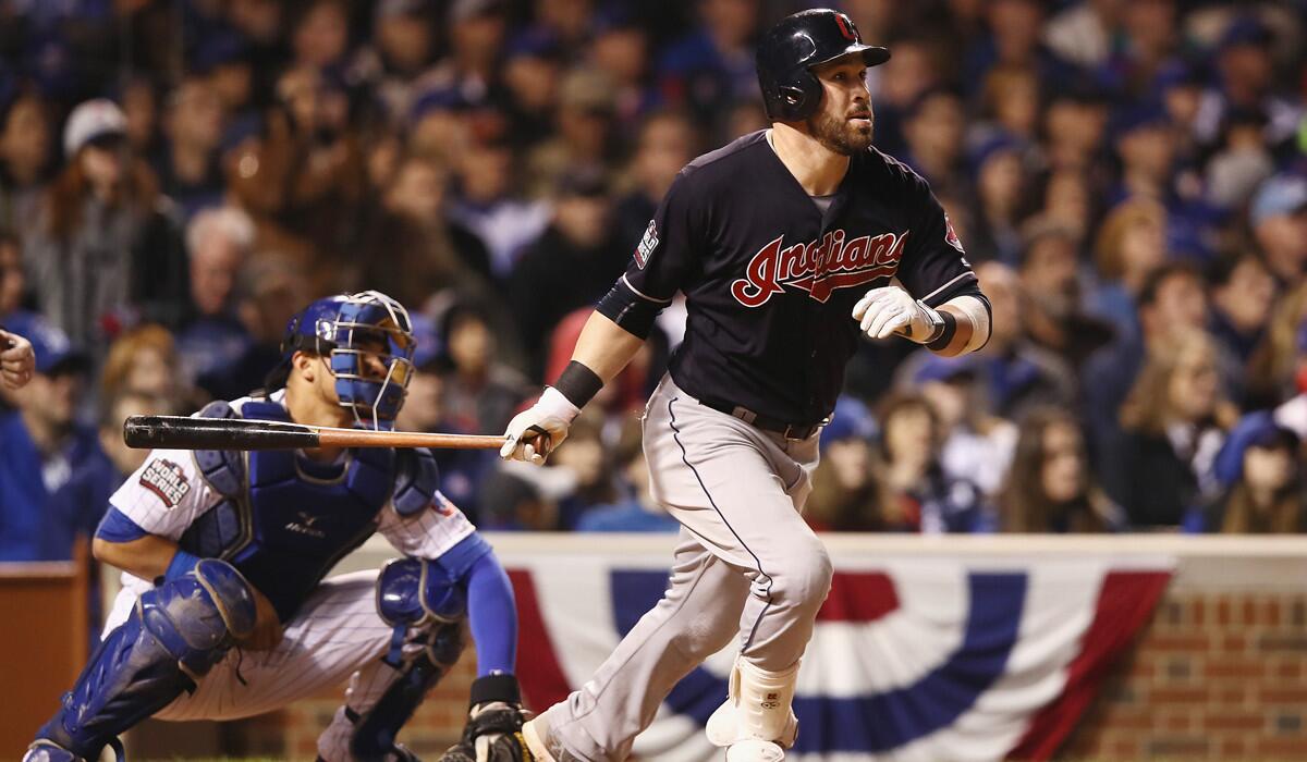 Cleveland Indians' Jason Kipnis hits a home run in the seventh inning against the Chicago Cubs in Game 4 of the World Series on Saturday.